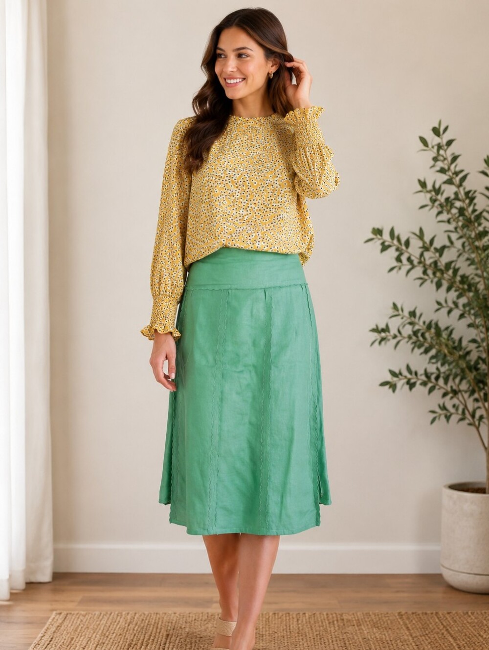 Inc Green Linen Pleated Women's Midi Skirt Size 10